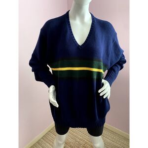 VTG 90s Polo Ralph Lauren V-neck Pulllover XXL Cotton KNIT Sweater Stripe Blue